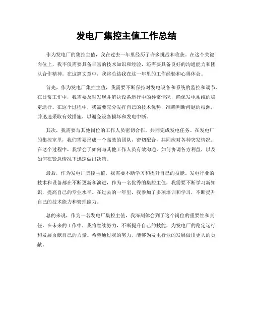 发电厂集控主值工作总结