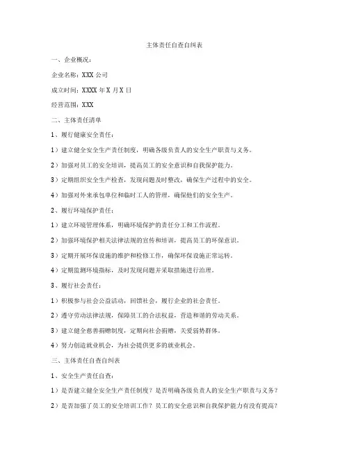 主体责任自查自纠表