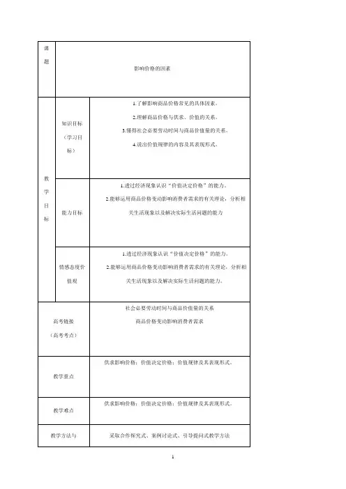  影响价格的因素  说课稿 教案 教学设计