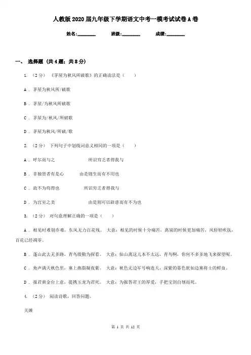 人教版2020届九年级下学期语文中考一模考试试卷A卷