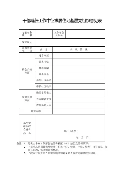 干部选任工作中征求居住地基层党组织意见表