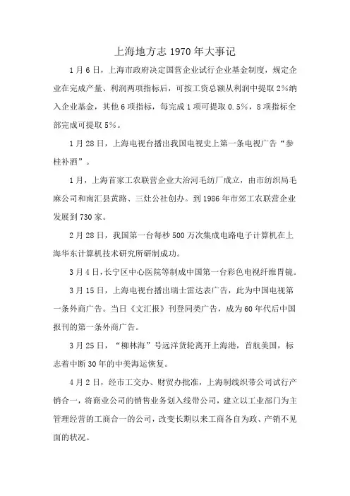 上海地方志1970年大事记