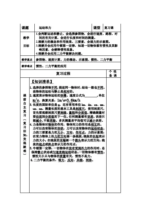人教版-物理-八年级下册 运动和力 复习教案(人教版)