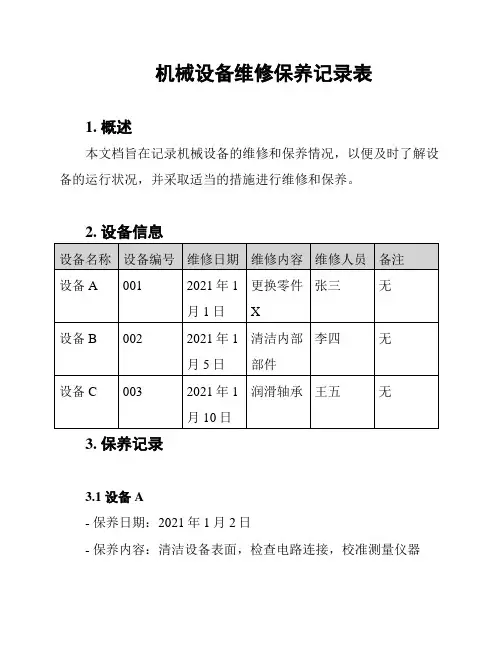 机械设备维修保养记录表
