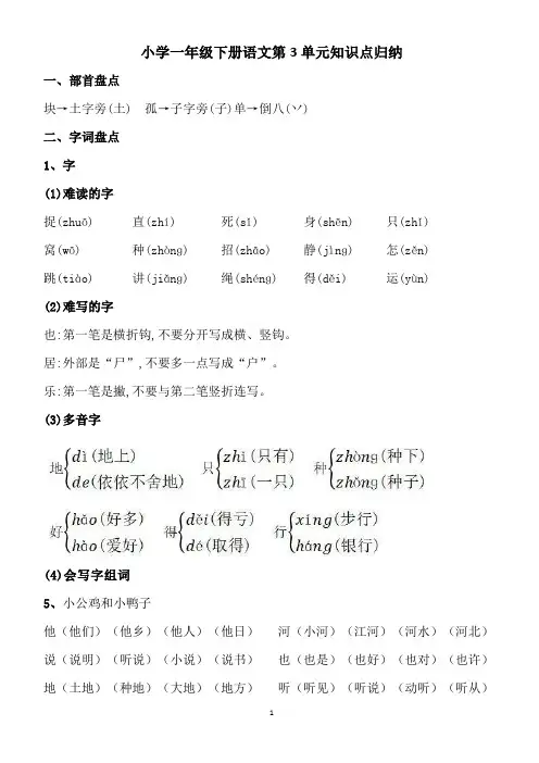 小学一年级下册语文第3单元知识点归纳