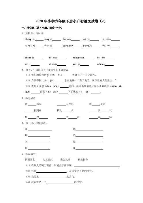 六年级下册语文试题-2020年小学小升初语文试卷(2)(解析版)部编版