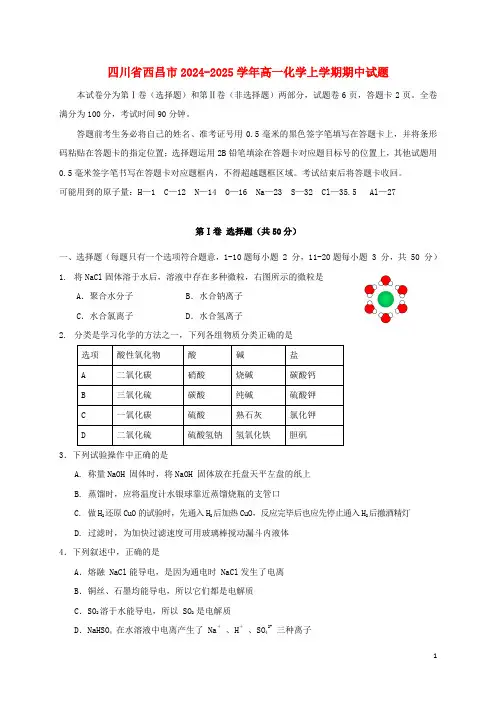 四川省西昌市2024_2025学年高一化学上学期期中试题