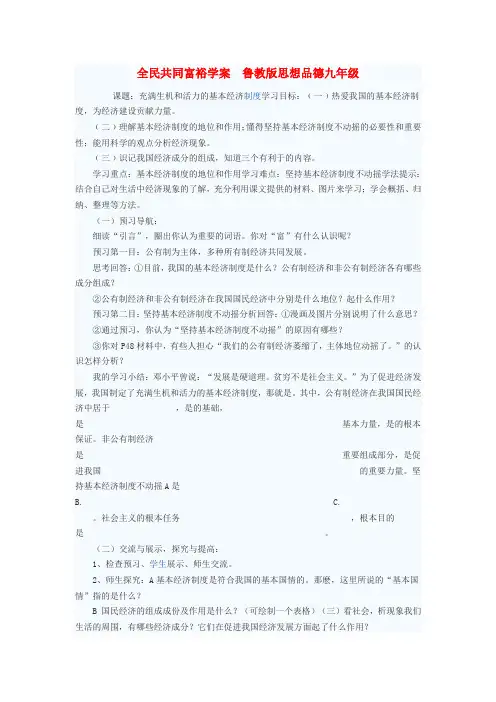 九年级政治 全民共同富裕学案(无答案) 鲁教版