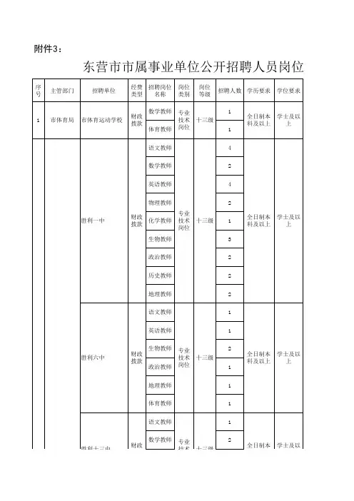 3、东营市市事业单位公开招聘人员岗位一览表(中小学教师类)
