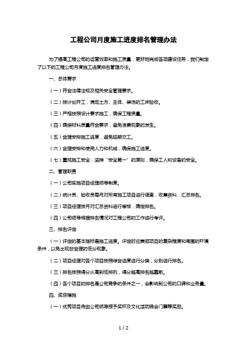 工程公司月度施工进度排名管理办法