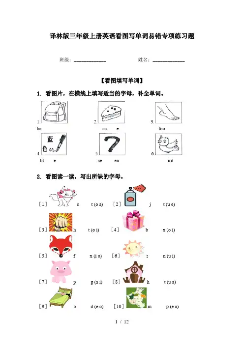译林版三年级上册英语看图写单词易错专项练习题