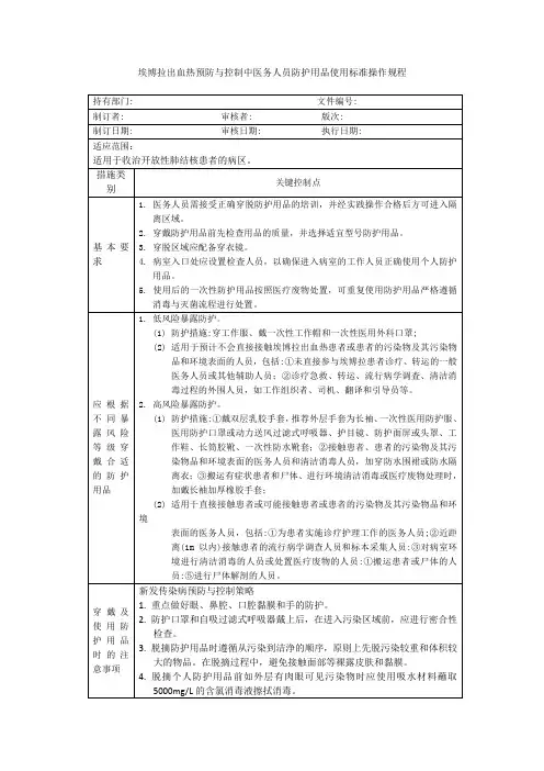埃博拉出血热预防与控制中医务人员防护用品使用标准操作规程
