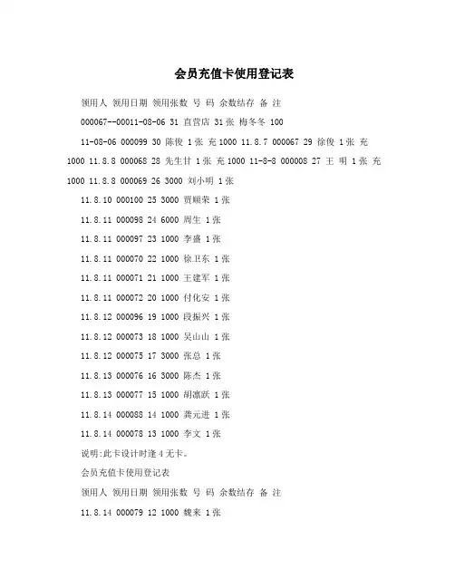 会员充值卡使用登记表