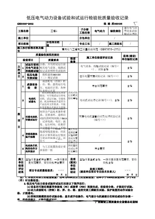 低压电气动力设备试验和试运行检验批质量验收记录(最新版)