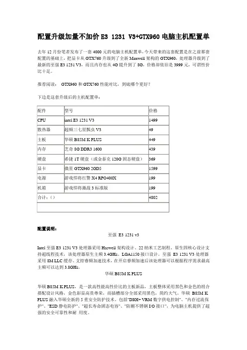 配置升级加量不加价E3 1231 V3+GTX960电脑主机配置单
