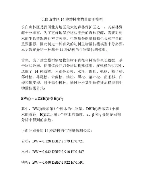 长白山林区14种幼树生物量估测模型