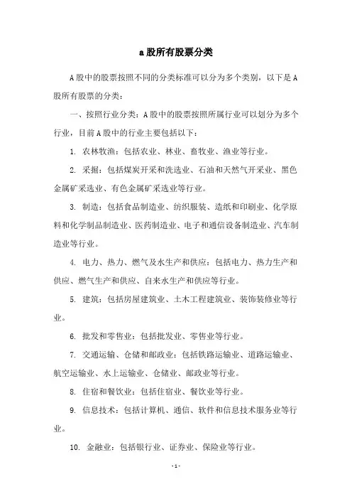 a股所有股票分类