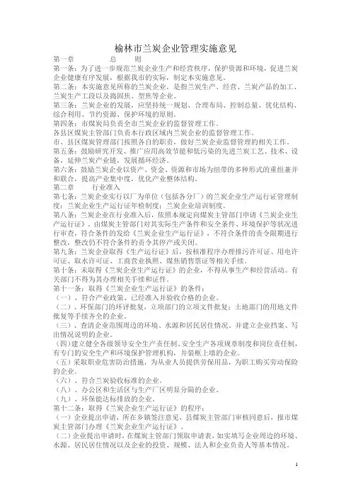 榆林市兰炭企业管理实施意见