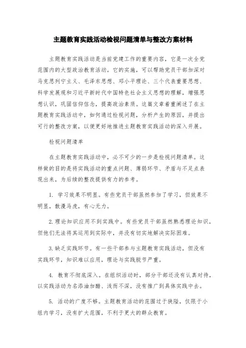 主题教育实践活动检视问题清单与整改方案材料