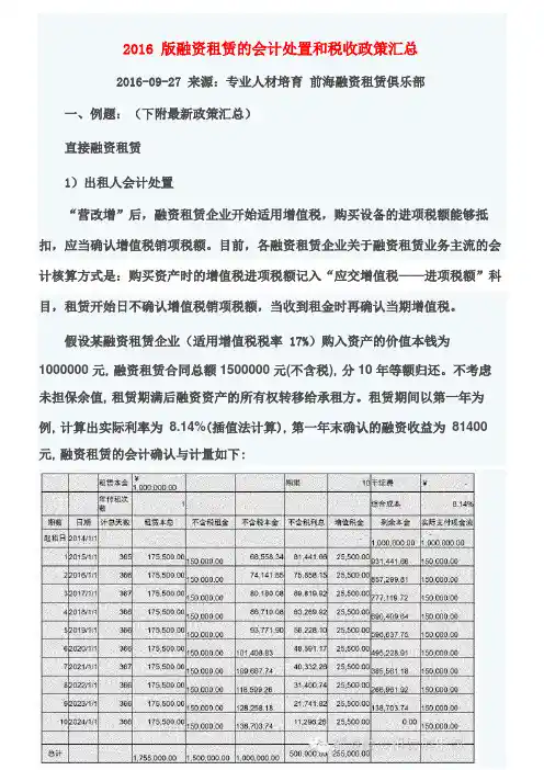 2016版融资租赁的会计处置和税收政策汇总