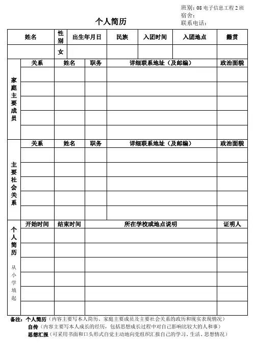 入党个人简历 空表