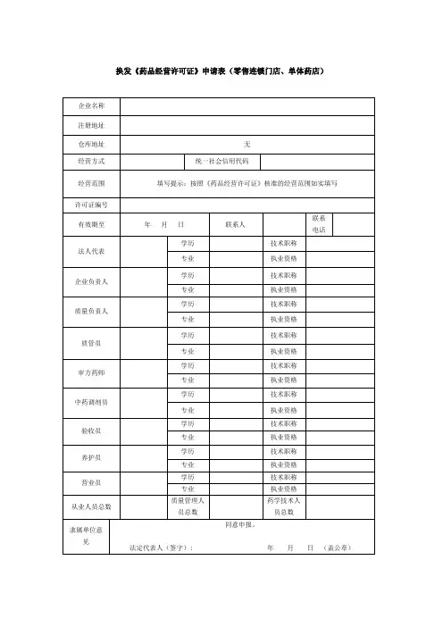 换发《药品经营许可证》申请表