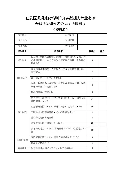 住院医师规范化培训临床实践能力结业考核专科技能操作评分表(皮肤科)换药术