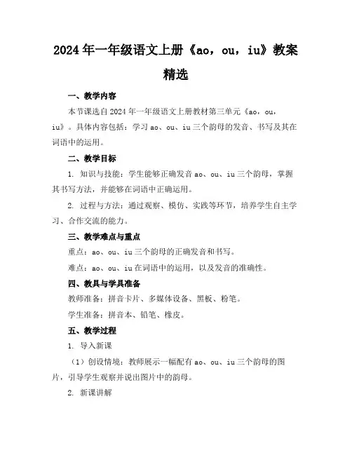 2024年一年级语文上册《ao,ou,iu》教案精选