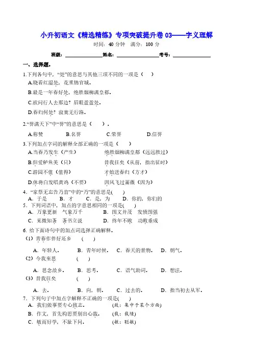 小升初语文《精选精练》专项突破提升卷03——字义理解(含详细解答)