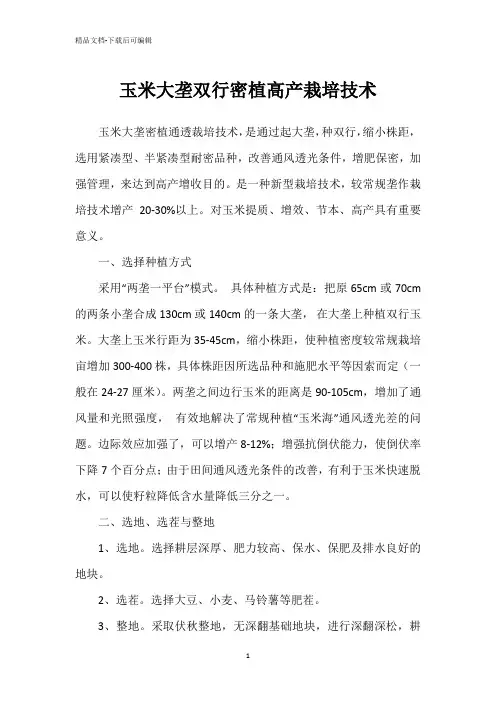 玉米大垄双行密植高产栽培技术