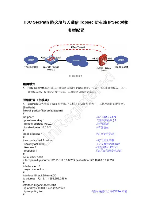 H3C SecPath 防火墙与天融信Topsec防火墙IPSec对接的典型配置(主模式和野蛮模式)