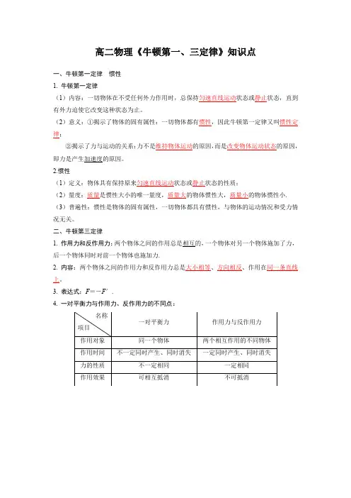 高二物理《牛顿第一、三定律》知识点