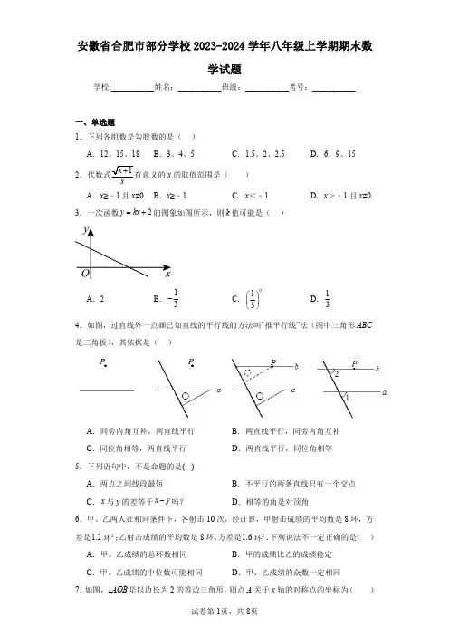 安徽省合肥市部分学校2023-2024学年八年级上学期期末数学试题