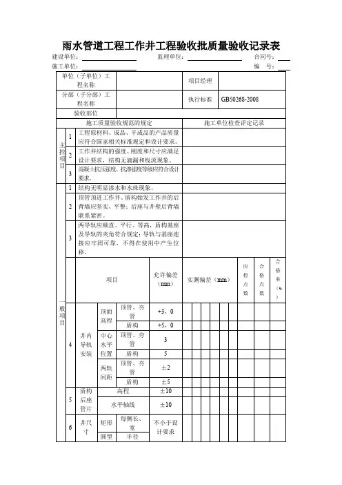 雨水管道工程工作井工程验收批质量验收记录表
