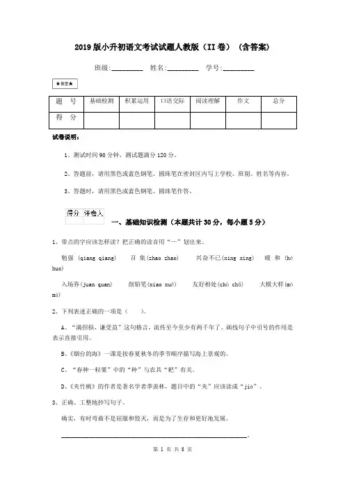 2019版小升初语文考试试题人教版(II卷) (含答案)