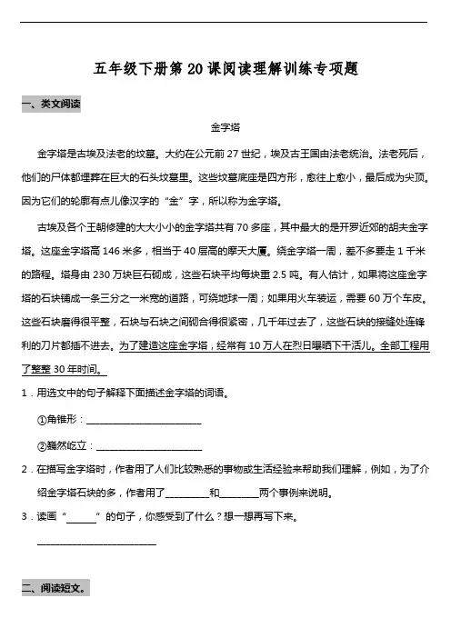 部编版小学语文五年级下册第20课《金字塔》阅读专项训练题(含答案)