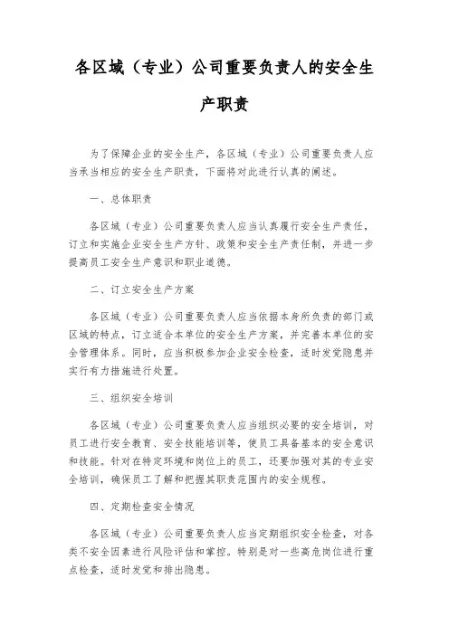 各区域(专业)公司主要负责人的安全生产职责