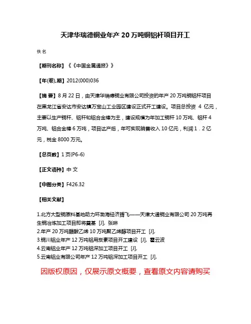 天津华瑞德铜业年产20万吨铜铝杆项目开工