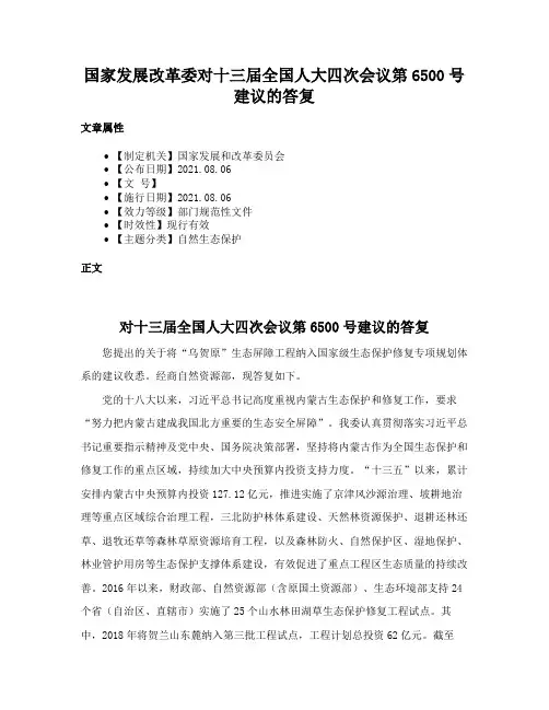 国家发展改革委对十三届全国人大四次会议第6500号建议的答复