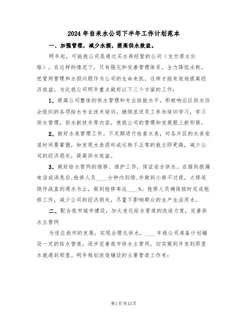 2024年自来水公司下半年工作计划范本(5篇)