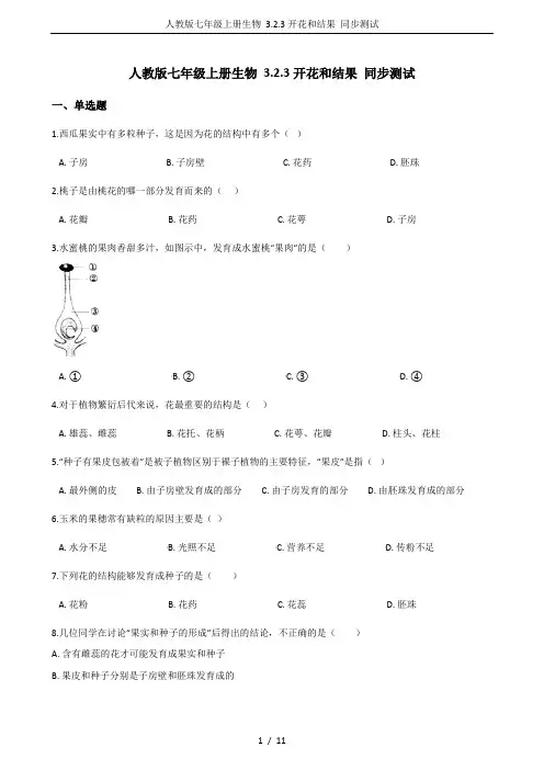人教版七年级上册生物 3.2.3开花和结果 同步测试