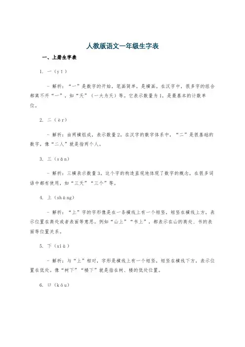 人教版语文一年级生字表
