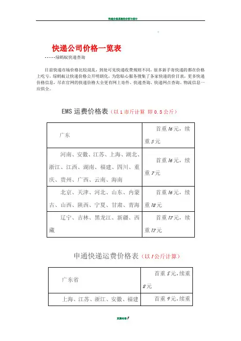 快递公司价格一览表-山东到安徽快递价格表