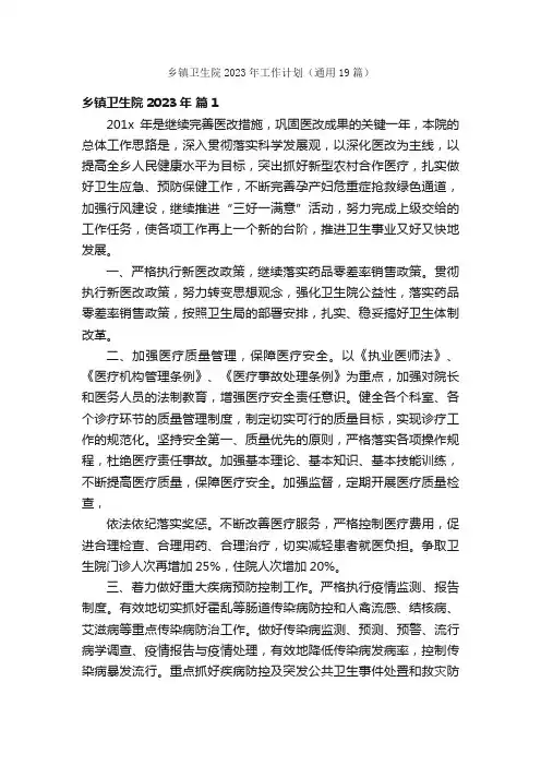 乡镇卫生院2023年工作计划（通用19篇）