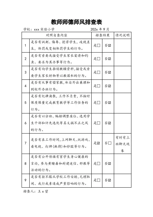 教师师德师风排查表