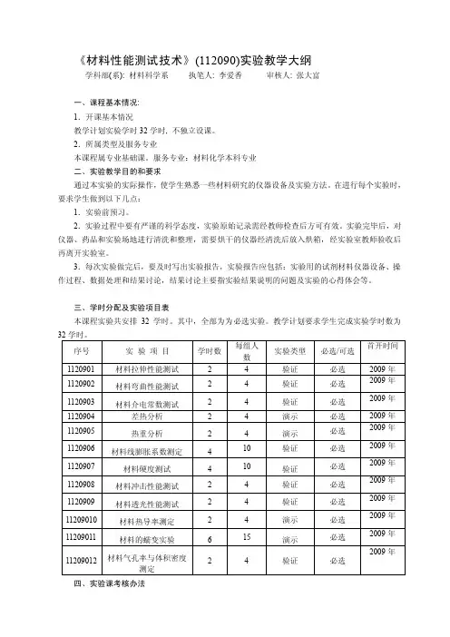 材料性能测试技术（112090）实验教学大纲