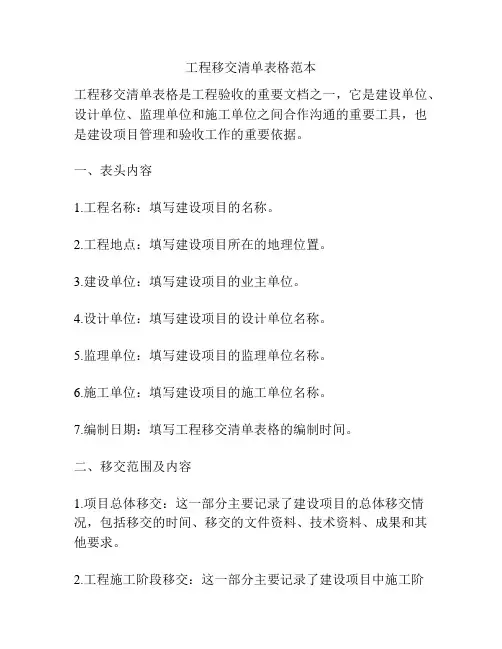 工程移交清单表格范本