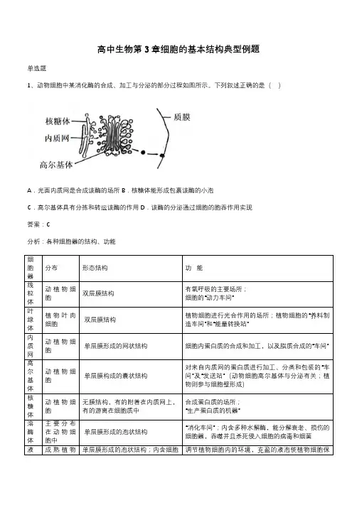 高中生物第3章细胞的基本结构典型例题(带答案)