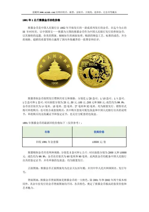 1991年1公斤熊猫金币回收价格