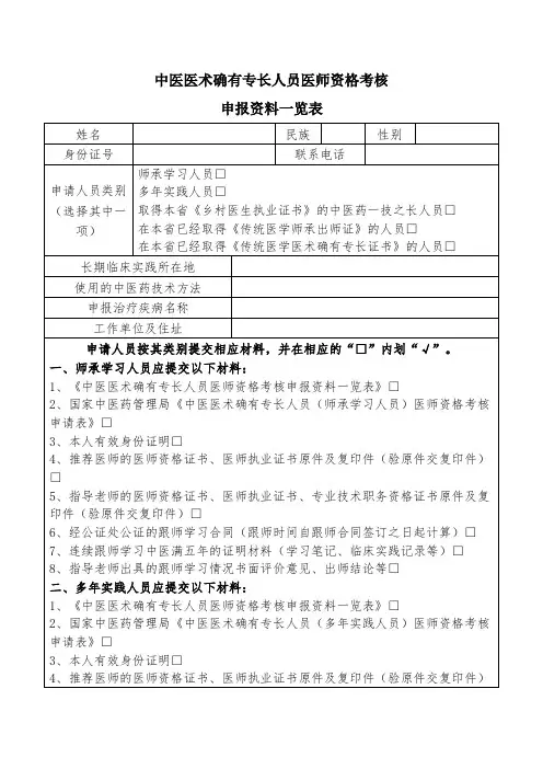 中医医术确有专长人员医师资格考核申报资料一览表